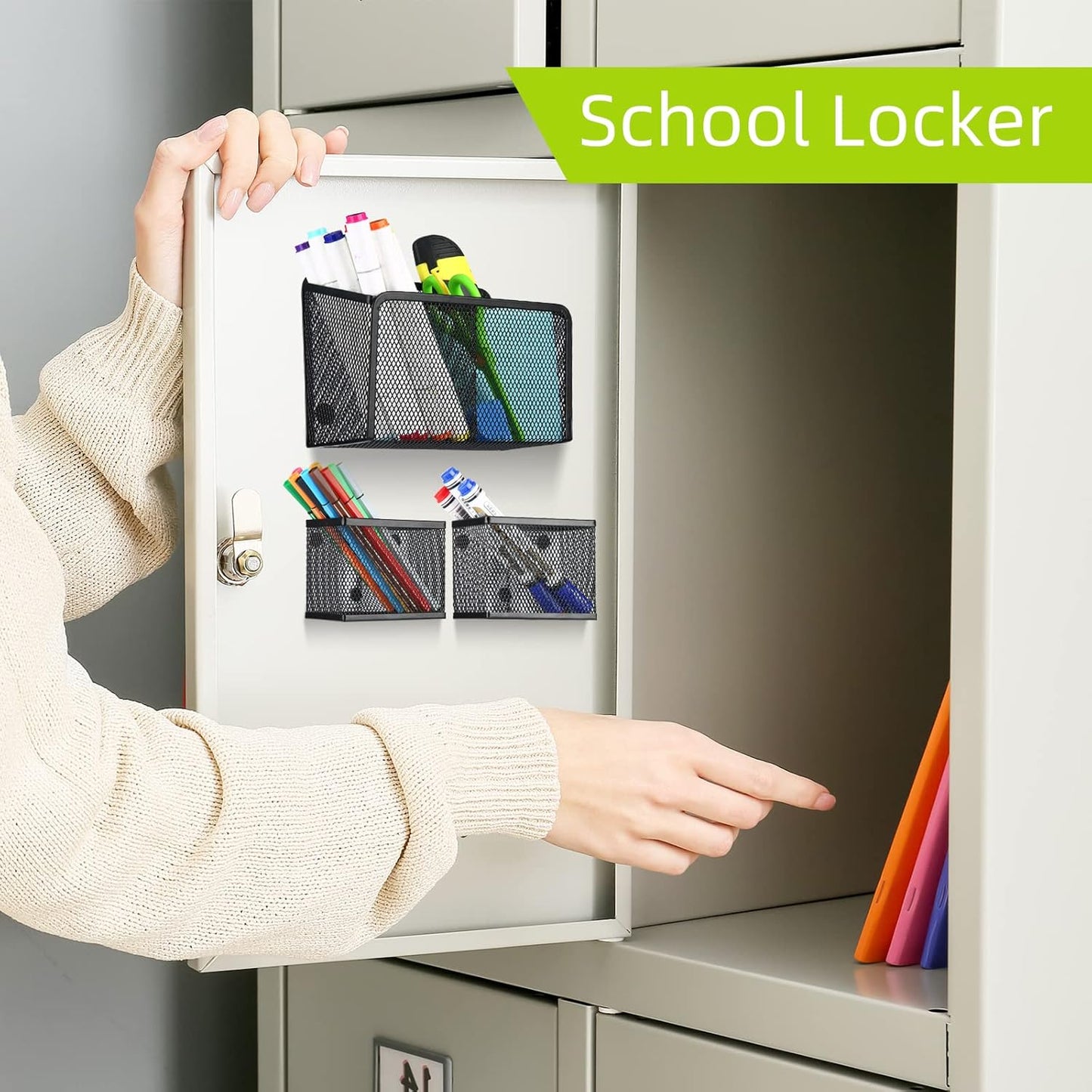 Neudeco Locker Shelf Organizer, Magnetic Pencil Holder, Metal Storage Basket for Whiteboard, Refrigerator, Ideal Cabinet for School, Black (Pack 3L)