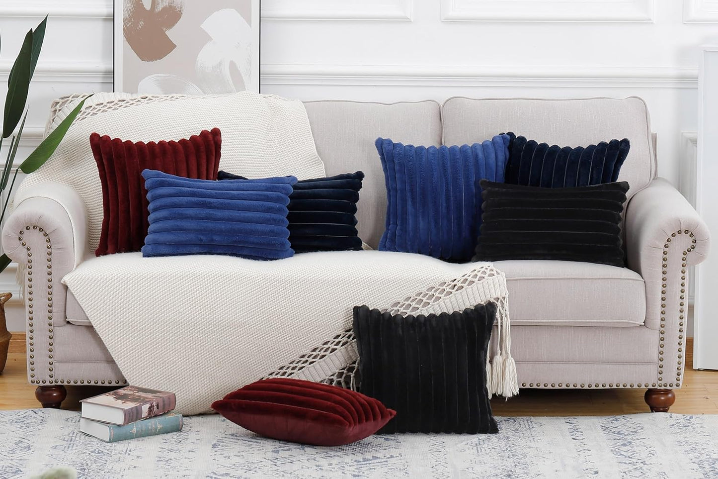 MADIZZ Set of 2 Faux Wool Plush Decorative Throw Pillow Covers 20x20 Inch Burgundy Fluffy Striped Soft Decorative Cushion Cover for Sofa Bedroom Pillow Shell