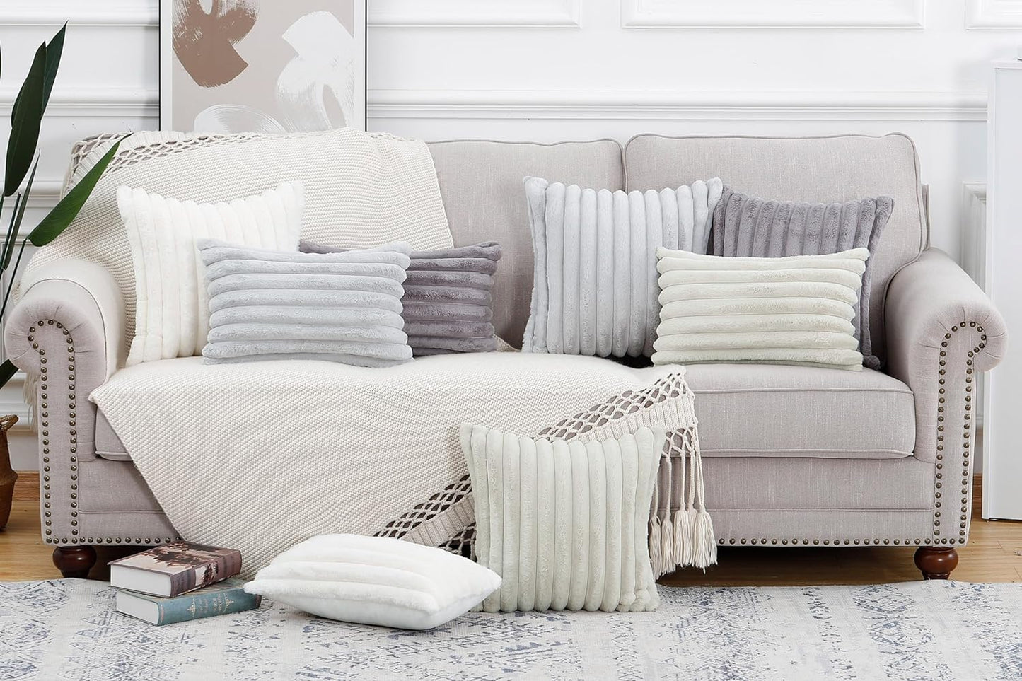 MADIZZ Set of 2 Faux Wool Plush Decorative Throw Pillow Covers 18x18 Inch Grey Fluffy Striped Soft Decorative Cushion Cover for Sofa Bedroom Pillow Shell