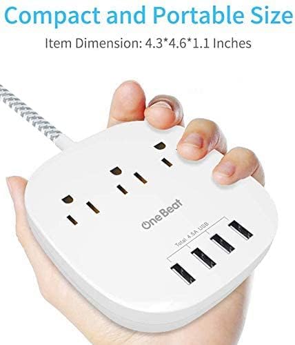 Desktop Power Strip with 3 Outlet 4 USB Ports 4.5A, Flat Plug and 10 ft Long Braided Extension Cords for Cruise Ship Travel Home Office, ETL Listed