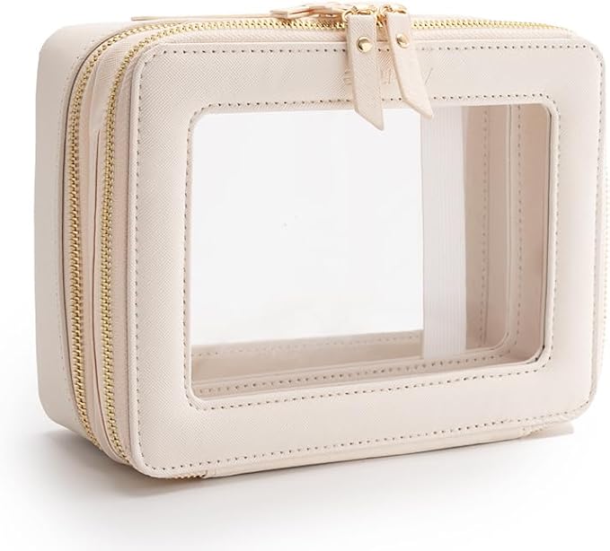 Aveniee Large Clear Makeup Bags, Double Layer Cosmetic Bags with Separate Brush Compartment, Travel Toiletry Bag Cosmetic Train Case, Travel Accessories Organizer for Women(2 Layers, White)