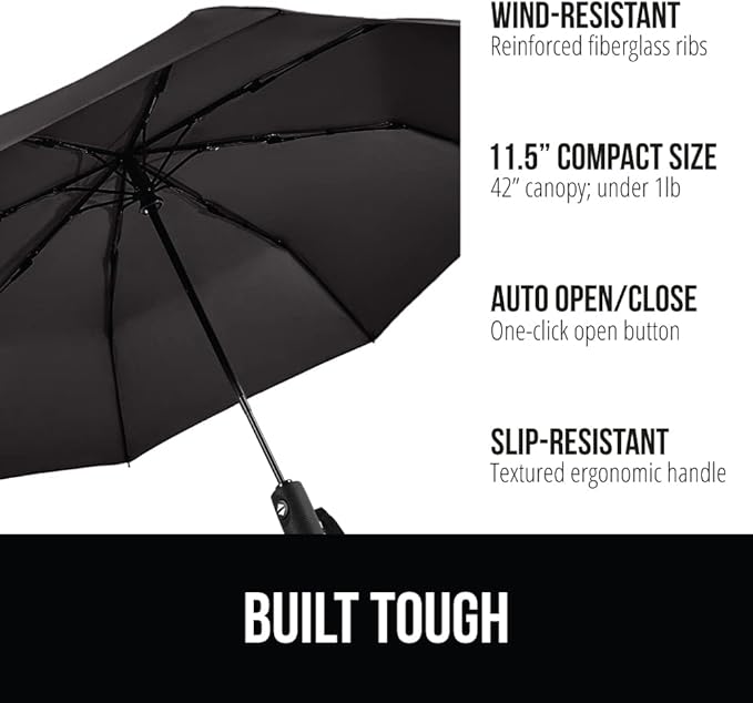 GORILLA GRIP Strong Stick Umbrella for Rain, Compact Travel One-Click Automatic Open Close, Lightweight Portable US Designed Reinforced Fiberglass Ribs, Wind Resistant Easy Collapse Black Gray 2 Pack