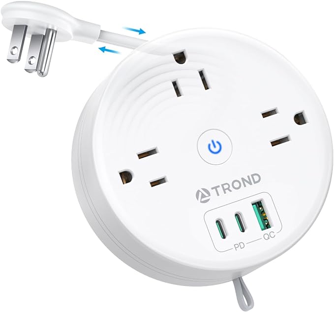 TROND 20W USB C Travel Power Strip - Retractable Extension Cord 5ft Ultra Thin Flat Plug, Power Strip with 3 AC Outlets and USB C Fast Charging, Cruise Ship Essentials, for Home Hotel Dorm Room, White