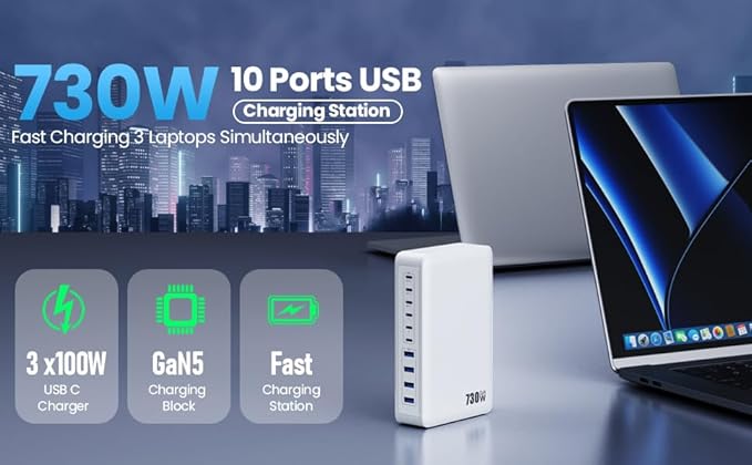 730W USB C Charger Block,10-Ports GaN V Fast Charging Station Hub,QC4.0+3 PD 100W Laptop Charger Wall Power Adapter for MacBook Pro/Air,DELL,iPhone 17/16/15/14,iPad,Galaxy S25,Pixel,Steam Desk-Navy