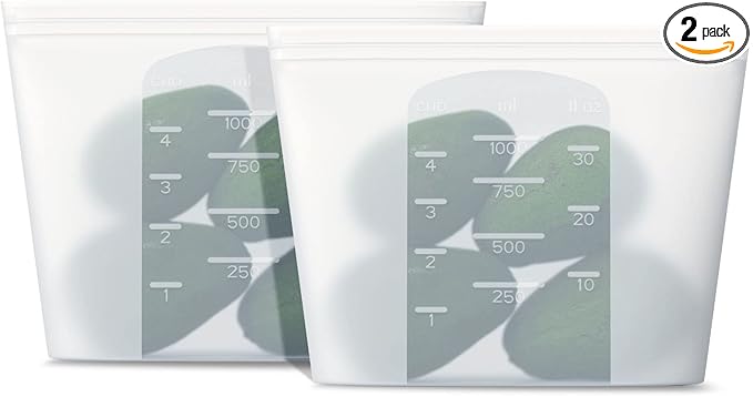 Reusable Silicone Food Storage Bag, for Microwave, Oven, Fridge, Freezer & Sous Vide Zip Sealed Containers (2 Middle size 32oz 1000ml)…