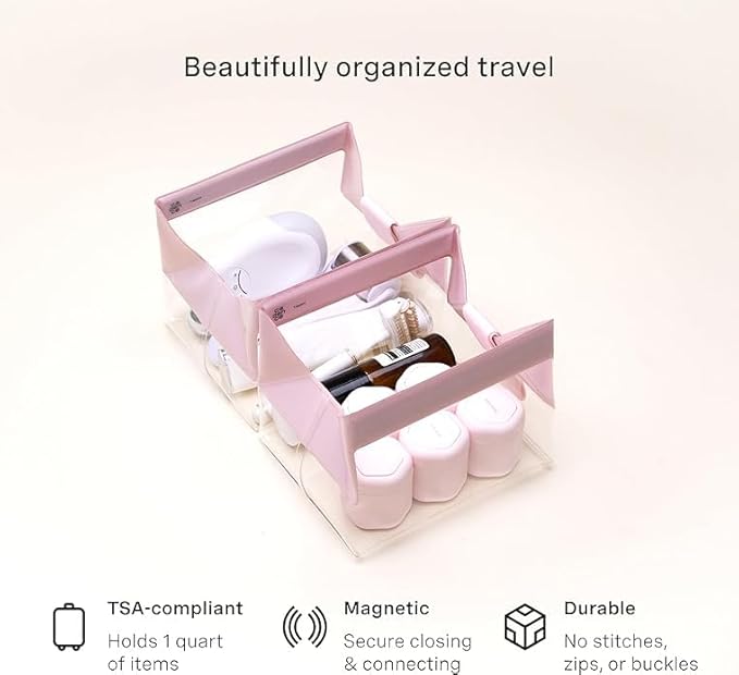 Cadence Parcel - Clear Kit with Magnetic Closure - Durable and Leak-Resistant Travel Toiletry Kit - Modular Design - Hygiene Bag for Travel Essentials - 2 Qt - Rose