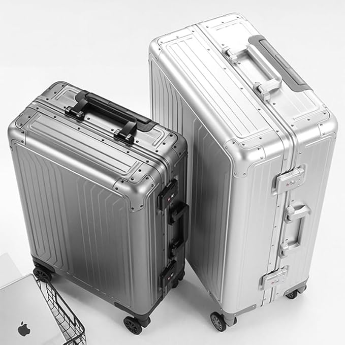 Metal all aluminum carry-on suitcase 20 "hard face, TSA lock and rotating wheel zippered luggage set (blue, 20 '')
