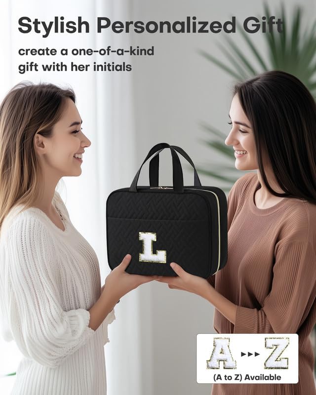 HOTOR Travel Toiletry Bag - Personalized Chenille Initial Makeup Bag, Water-Resistant Personalized Gifts for Women, Portable Travel Accessories & Essentials, Letter L, Black, 11.4"×9.0"×3.35"