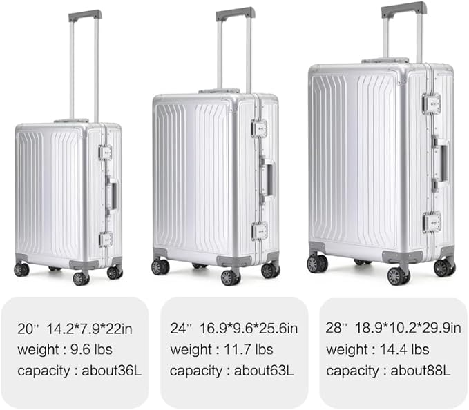 Metal all aluminum carry-on suitcase 20 "hard face, TSA lock and rotating wheel zippered luggage set (dark grey, 20 '')