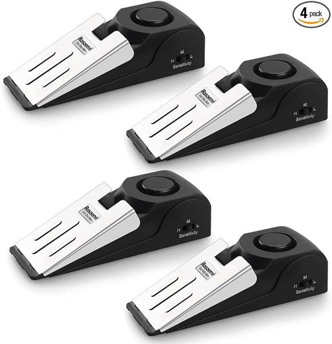 4 Pack Door Stop Alarm, Door Stopper with 120DB Security Alarm, Floor Wedge Door Stop Siren, Door Security Devices for Traveling, Apartment, Hotel and Home, Black
