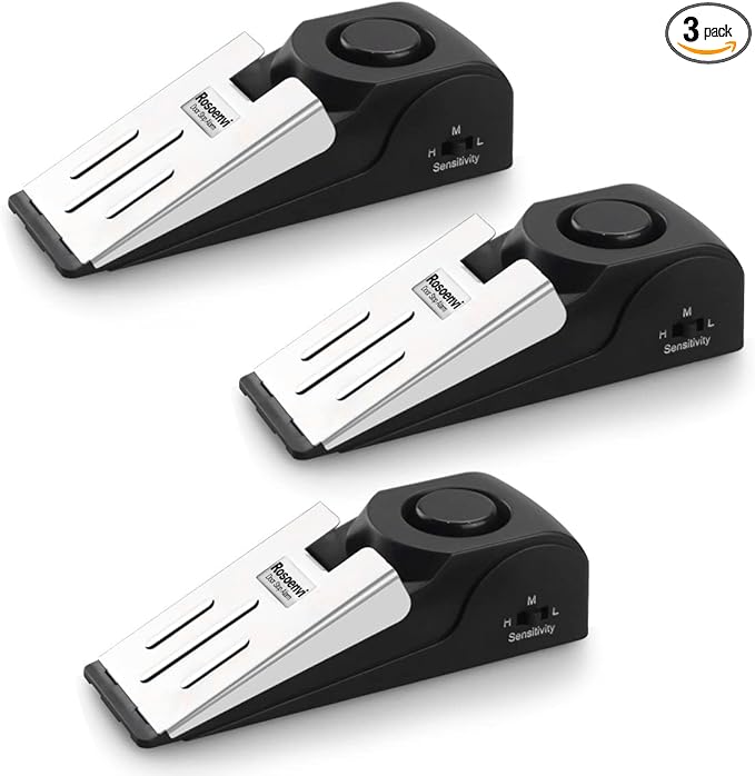 3 Pack Door Stop Alarm, Door Stopper with 120DB Security Alarm, Floor Wedge Door Stop Siren, Door Security Devices for Traveling, Apartment, Hotel and Home, Black