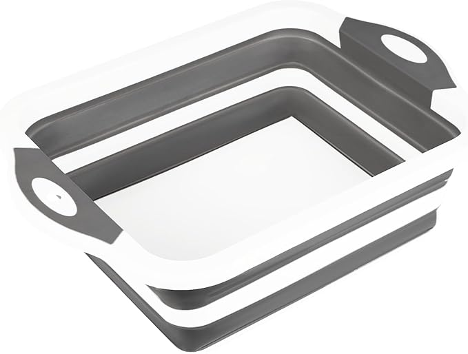 Collapsible BBQ Prep Tub/Cutting Board 10L, Foldable Dish Tub with Colander, Portable Camping Sink, Multifunction Dishing Basin Bucket Wash Tub for Kitchen Fruit Vegetable Picnic (Gray)