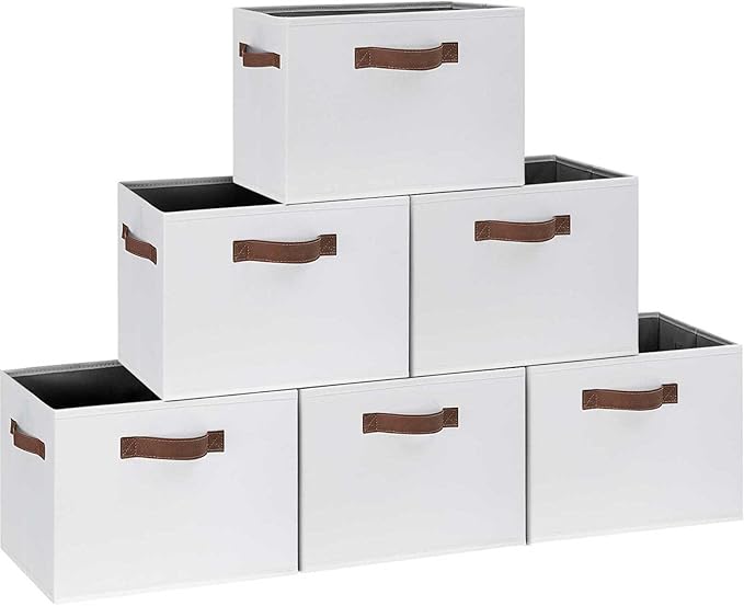 GhvyenntteS 6 Pack Large Fabric Storage Bins with Handles, 15x11x9.6 Inch Storage Baskets for Shelves, Foldable Closet Storage Bins for Shelves, Closet Organizers and Storage Boxes, White