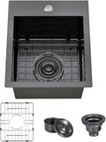 ARTLINE 15 x 17 Inch Black Drop in Bar Sink, Stainless Steel Single Bowl Kitchen Sink, Small Topmount 9 Inch Deep Wet Bar sink for Outdoor Prep RV Yard Laundry Utility with Dish Grid & Drain