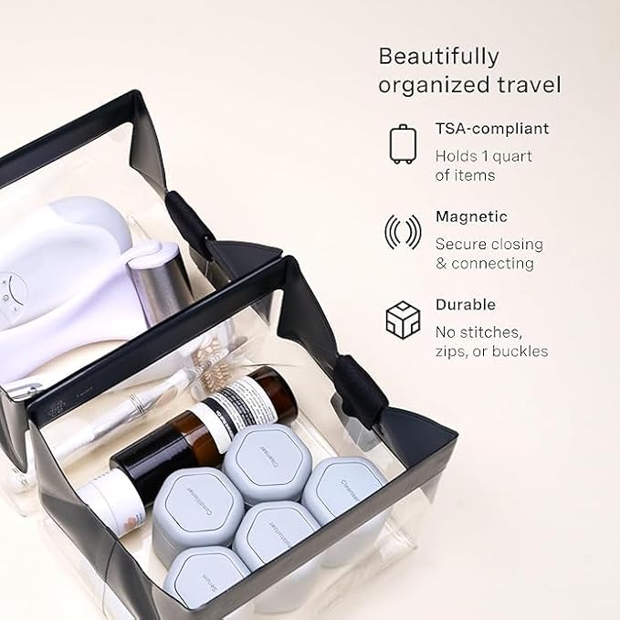 Cadence Parcel - Clear Kit with Magnetic Closure - Durable and Leak-Resistant Travel Toiletry Kit - Modular Design - Hygiene Bag for Travel Essentials - 2 Qt - Ink