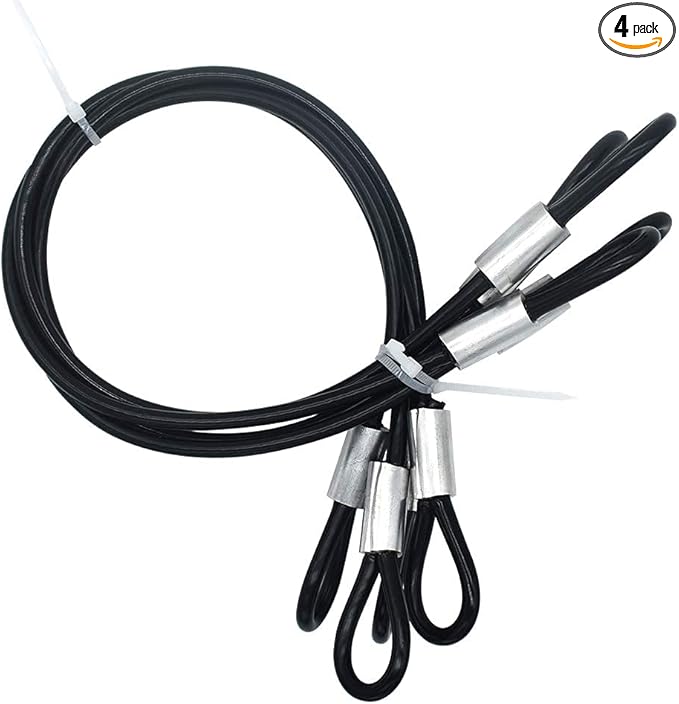 4 pcs 20 inch (50cm) 5mm Thickness Galvanized Steel Wire Rope Lanyard Cable Tether Safety Strap with Braided Steel Rubber Coated and 2 Loops Black