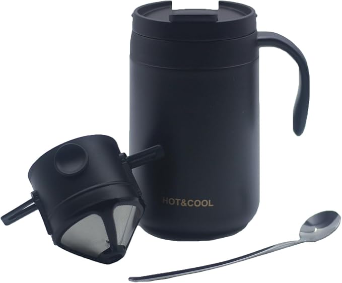 Portable 16oz Pour Over Coffee Maker with Foldable Filter & Stirrer – Insulated Stainless Steel Travel Cup with Lid – No Paper Filter Needed, BPA-Free, Black – For Home, Office, Camping, Backpacking