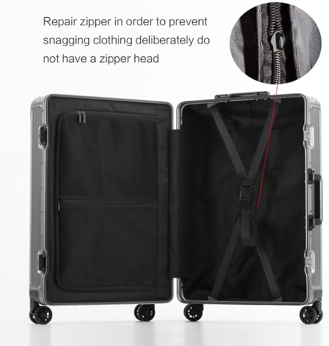 Metal all aluminum carry-on suitcase 20 "hard face, TSA lock and rotating wheel zippered luggage set (black, 20 '')