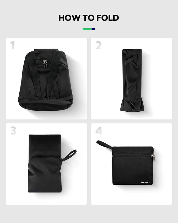 WATERFLY Foldable Lightweight Hiking Backpack: 15L Packable Traveling Daypack Men Women Ultralight Thin Casual Day Pack Bag for Outdoor Sports Camping Beach Park (Black)