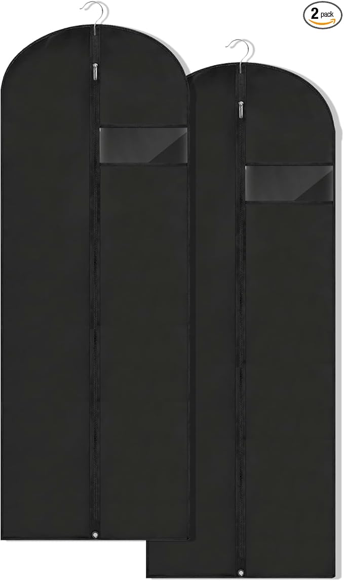 Dress Bags for Gowns Long, 65'' Garment Bags for Hanging Clothes, Suit Bag Cover for Storage and Travel, 2 Pack (Black)