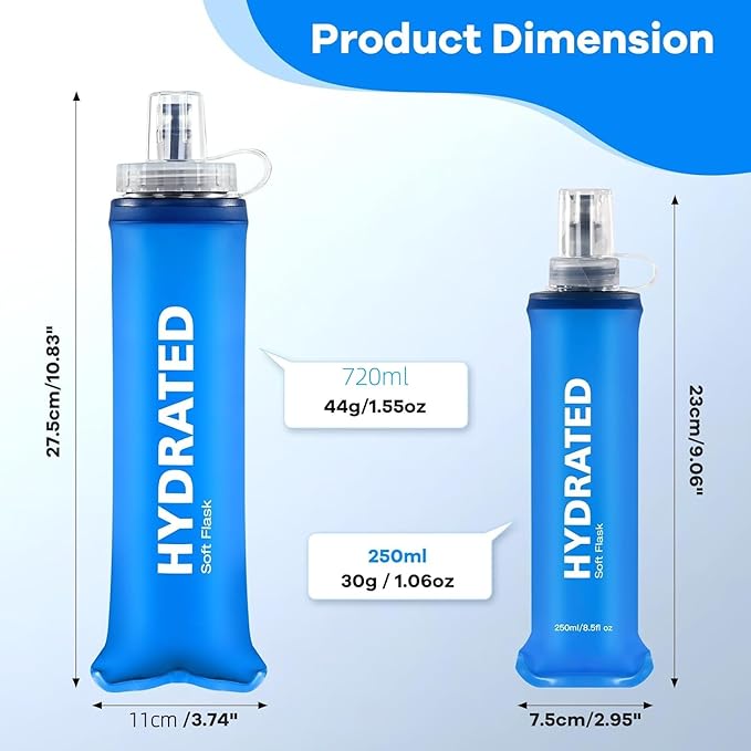 24oz Collapsible Soft Water Bottle, BPA-Free, Soft Flask with Bite Valve, for Climbing, Running, Hiking, Marathon (Bule & Grey, 2Pack)
