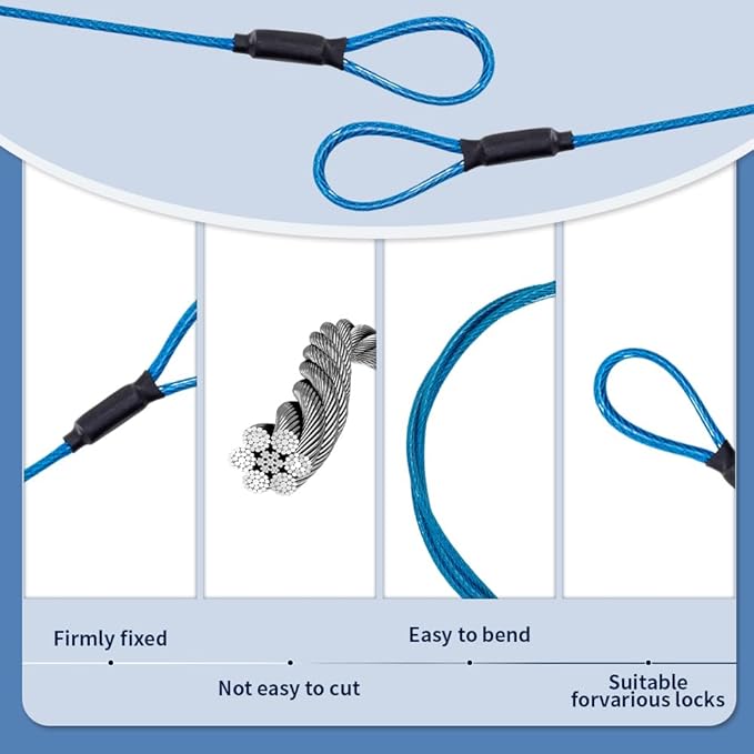 3.3mm (1/8 Inch) Outdoor Travel Stainless Steel Security Cable-6ft Luggage Lock Safety Wire Flexible Steel Wire Rope with Double Loop Safety for Luggage, Bike, Lock(Black+Blue, 6ft-(2Pack)