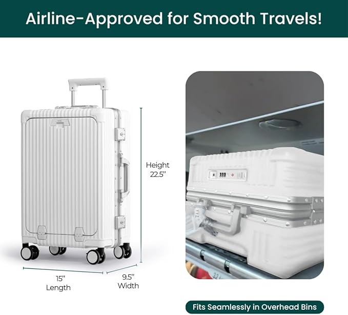 Nobl Travel Carry On Luggage, Noble Zipperless Aluminum Frame PC Hard Shell Suitcase, 22.5x15x9.5 Airline Approved, 360° Spinner Wheels, TSA Locks, USB Charging Port, Cup & Phone Holder - White