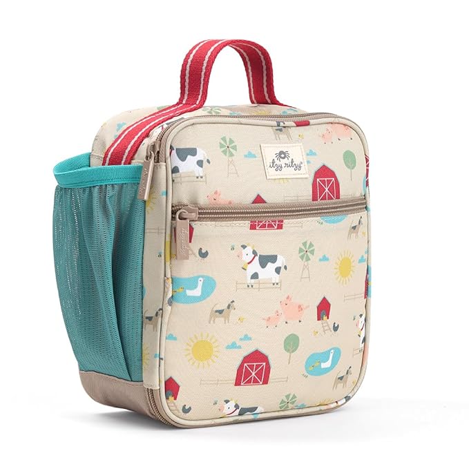 Itzy Ritzy Toddler Lunch Box - Kids Lunch Bag is Insulated and Includes Water Bottle Holder Plus 2 Pockets - Durable, Easy to Clean Toddler Bag (Farm)