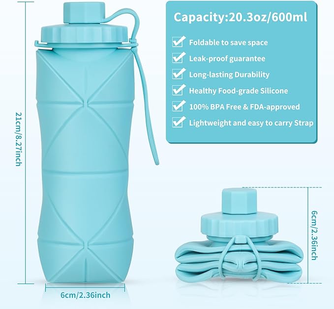 Silicone Collapsible Water Bottles,Lightweight Reusable Leakproof For Traveling Camping Hiking Cycling Sports Outdoor,Foldable Portable Travel Water Bottle 600ML Purple 1Pack.
