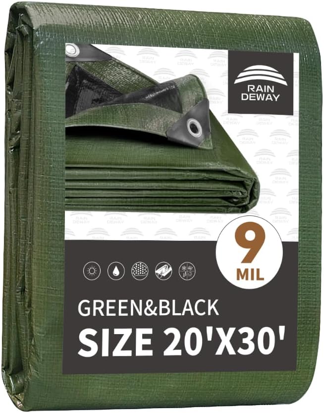 20x30 Feet Tarp Waterproof,9Mil Thick,Finished Size Tarps,UV Resistant,Durable,Multipurpose Poly Tarp Cover with Metal Grommets and Reinforced Edges,Green/Black by RAINDEWAY