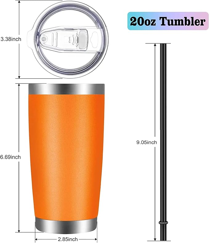 VEGOND 20oz Tumbler with Lid and Straw Stainless Steel Tumbler Cup Bulk Vacuum Insulated Double Wall Travel Coffee Mug Powder Coated Coffee Cup(Orange 6 Pack)