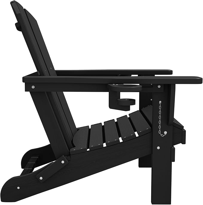 SERWALL HDPE Folding Adirondack Chair with Dual Cup Holder - Composite Adirondack Chair Set of 2- Black