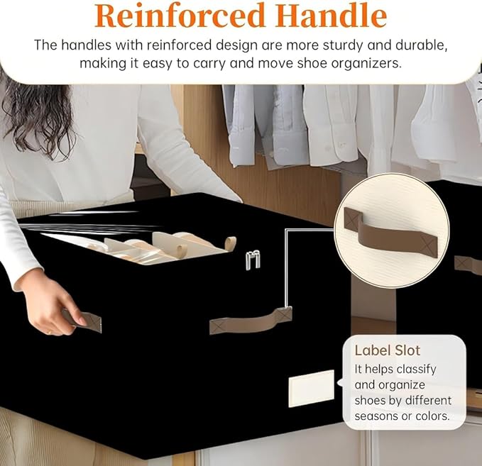 3 Pack Shoe Organizer for Closet, Foldable Shoe Storage Containers, Fits up to 24-48 Pairs, Shoe Storage Organizer Box Cubby Baskets Bins with Clear Cover and Reinforced Handles, Black