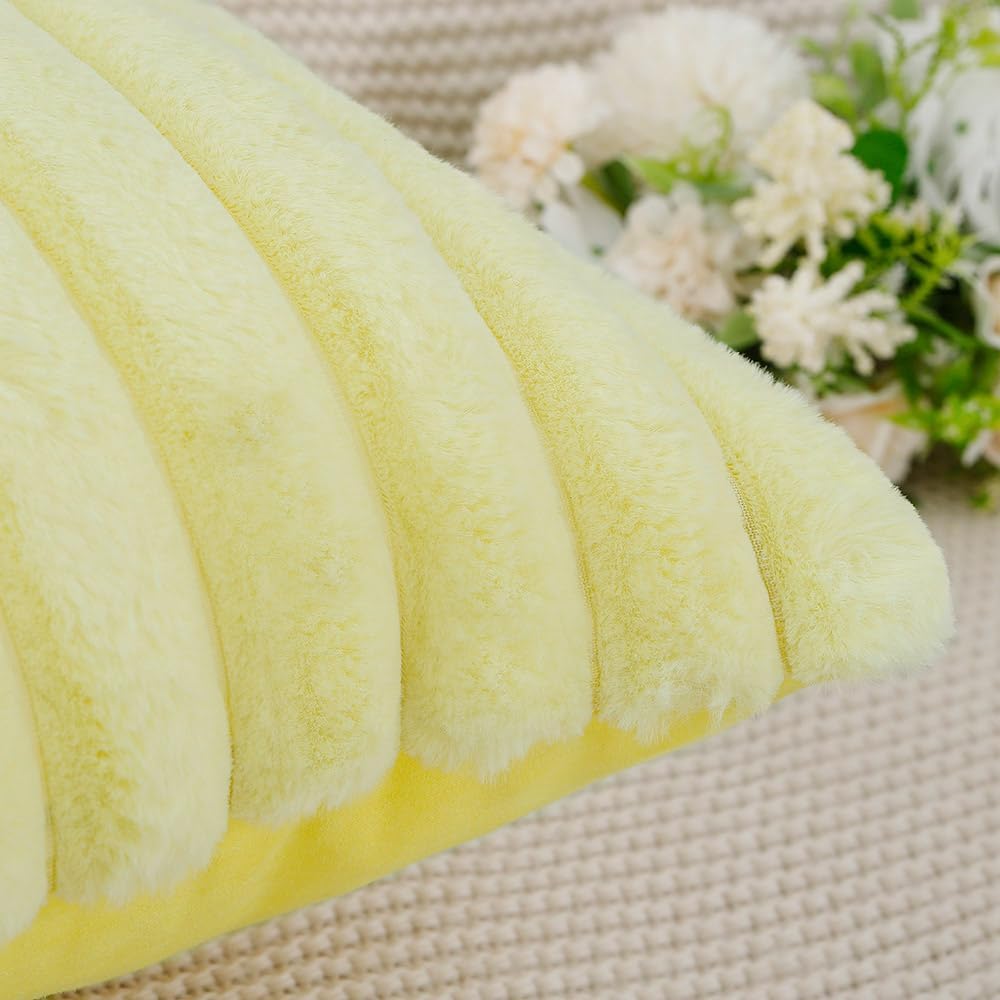 MADIZZ Set of 2 Faux Wool Plush Decorative Throw Pillow Covers 18x18 Inch Yellow Fluffy Striped Soft Decorative Cushion Cover for Sofa Bedroom Pillow Shell