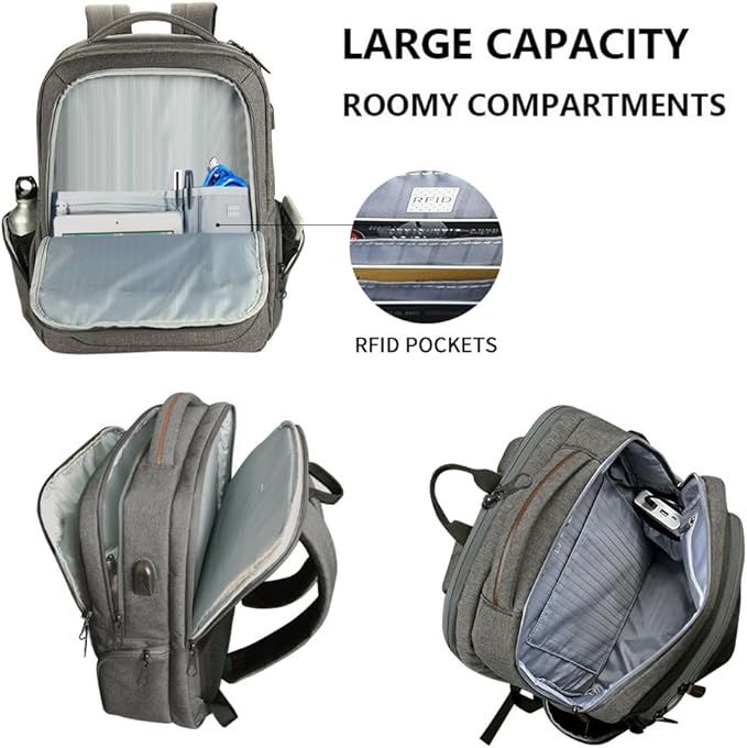 KROSER Laptop Backpack Large Computer Backpack Fits up to 17.3 Inch Laptop with USB Charging Port Water-Repellent Casual Daypack for Travel/Business/College/Women/Men-Grey