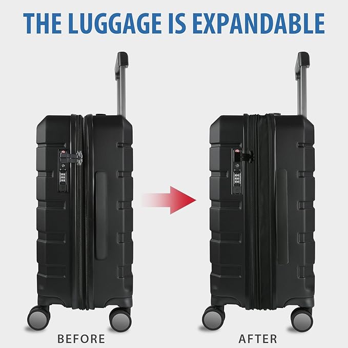 KROSER Hardside Expandable Carry On Luggage with Spinner Wheels & Built-in TSA Lock, Durable Suitcase Rolling Luggage with USB Port, Carry-On 20-Inch, Black