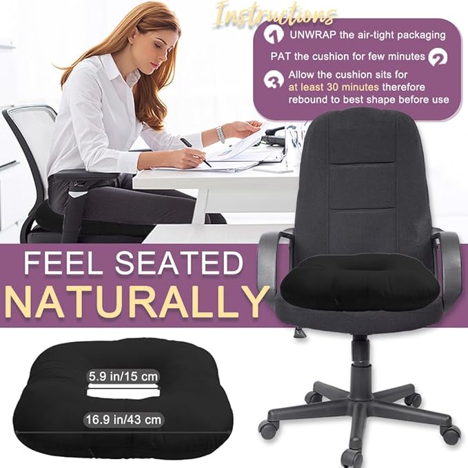 Stuffed Donut Pillow Seat Cushion | for Tailbone and Coccyx Pain, Hemorrhoids, Bed Sores, Pregnancy, Prostate, Surgery Recovery, Sitting Pressure Relief, for Home, Office and Car (Black)