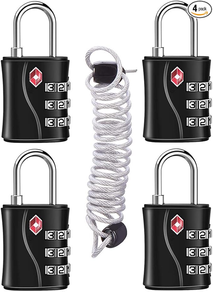 ZHEGE Luggage Lock for Train 4 Pack, 1 Cable (30 Inch), TSA Approved Travel Cable Lock for Backpack, Suitcase, School Gym Locker (4 Pack, Black)
