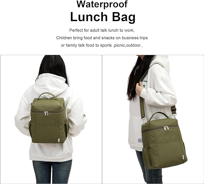 NOL Natural Organic Lifestyle Insulated Lunch Bags for Women Cooler Bag Lightweight Nylon Waterproof Lunch Box For Work (Amy green, Large)