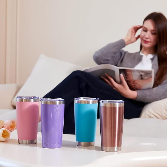 MEWAY 20oz Tumbler 4 Pack Double Wall Vacuum Insulated Travel Mug Bulk, Stainless Steel Tumblers with Lid and Straw, Durable Powder Coated Coffee Cups for Cold & Hot Drinks (Rose Gold, 4)