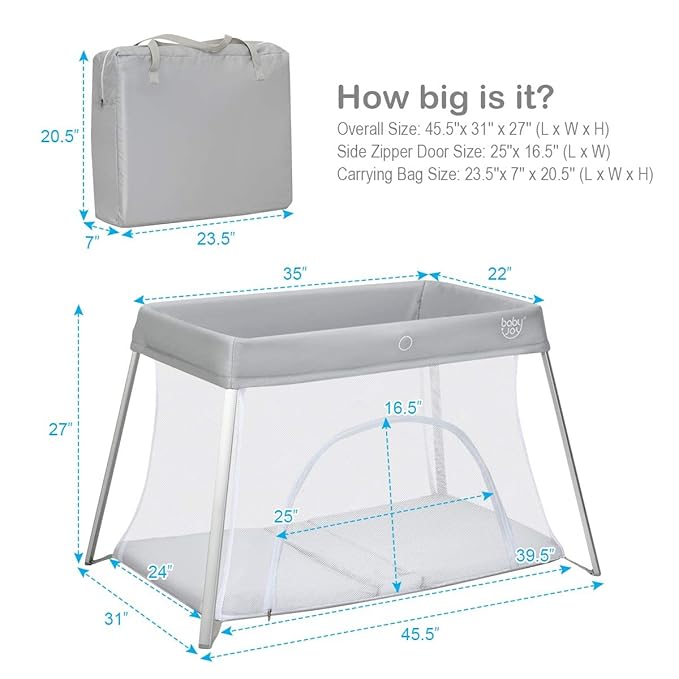 BABY JOY 2 in 1 Travel Crib with Side Zipper, Portable Baby Playard with Soft Washable Mattress, Installation-Free Home Playard with Carry Bag for Airplane, Lightweight Playpen for Infants &Toddlers