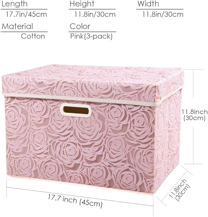 Prandom Larger Foldable Storage Boxes with Lid,Rose Pattern Fabric Decorative Storage Box,Cubes Organizers,Baskets with Handles,For Bedroom,Closet, Living Room,Pink,45x30x30cm[3-Pack]
