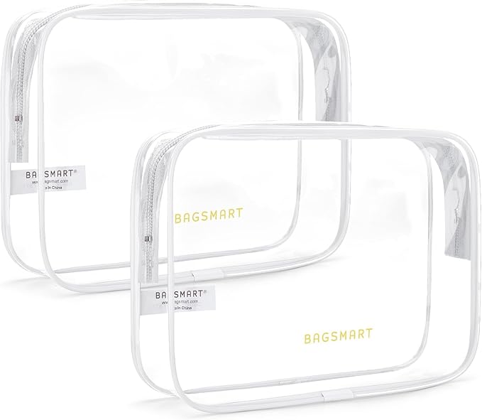 BAGSMART Clear Toiletry Bag, 2 Packs TSA Approved Water Resistant Quart Size Travel Organizer, Airport Airline Travel Essential Carry On Makeup Cosmetic Bags for Women, White