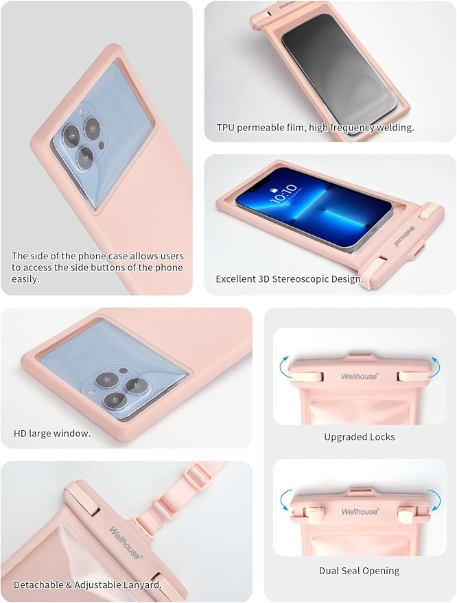 wellhouse Waterproof Phone Pouch, Waterproof Phone Case for iPhone 16 15 14 13 12 Pro Max XS Samsung, IPX8 3D Cellphone Dry Bag Beach Essentials (2 Pack - Blue & Pink8.0, 8 inch)