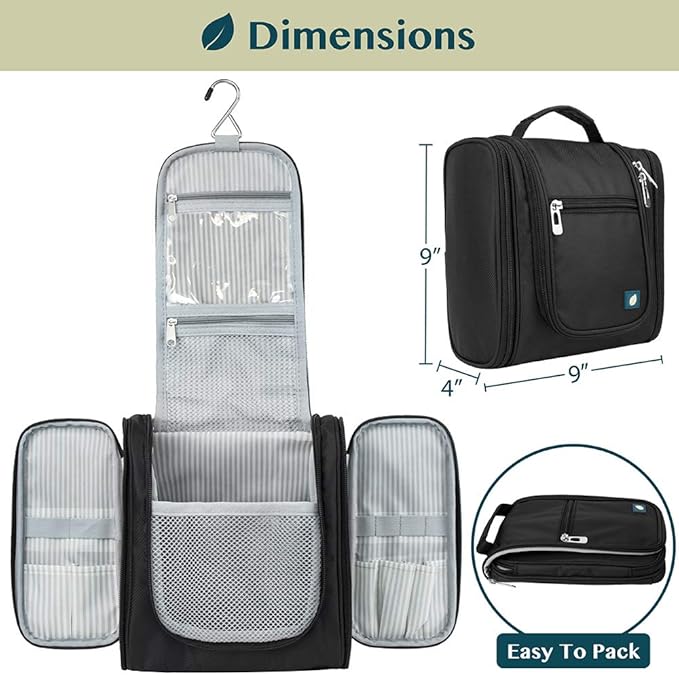 PAVILIA Toiletry Bag Travel Bag for Women Men, Hanging Cosmetic Organizer, Water Resistant Makeup Bag for Accessories Toiletries, Large Travel Essentials Kit (Black)