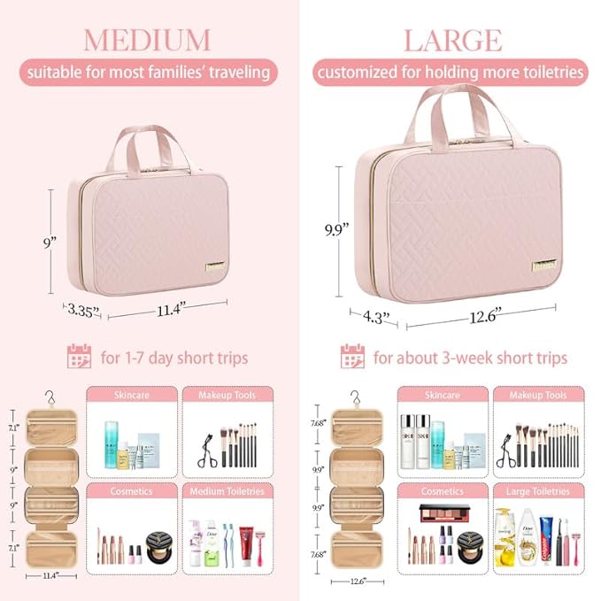 HOTOR Travel Toiletry Bag w/Hanging Hook - Spacious Toiletry Bag Essentials for Women & Men, Makeup Bag/Big Comparment, Waterproof for Travel Accessories, Medium, Pink