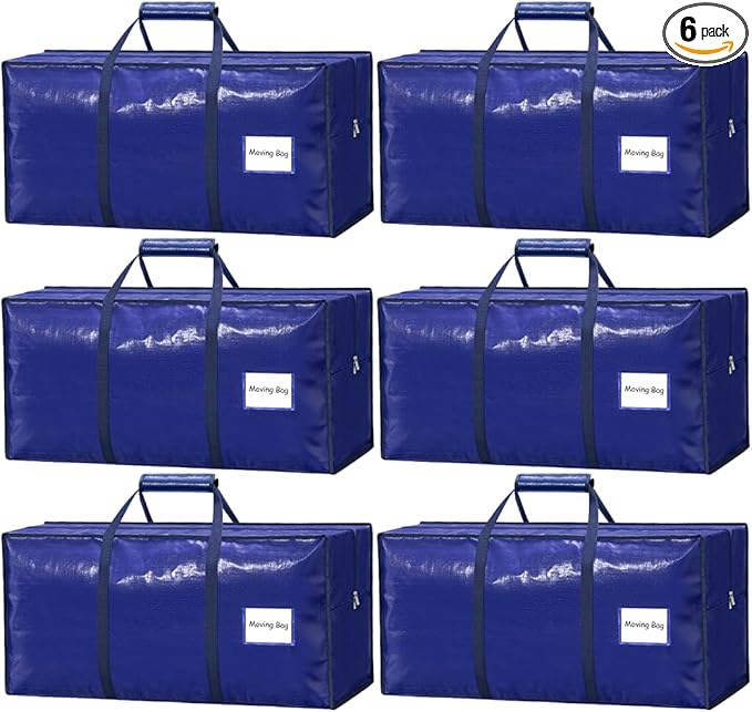 6 Pack Heavy Duty Moving Bags with Padded Wrap Around Handles-Strengthened Zipper Extra Large Storage Totes for Dorm College Clothes