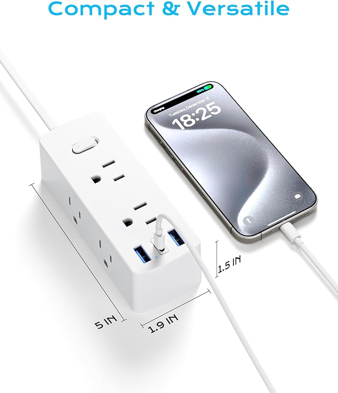 European Travel Plug Adapter, Olcorife US to Europe Type E/F Plug Adapter, International Power Strip with 6 Outlets and 3 USB(1 USB-C), 5 FT Cord for Germany France Iceland Spain