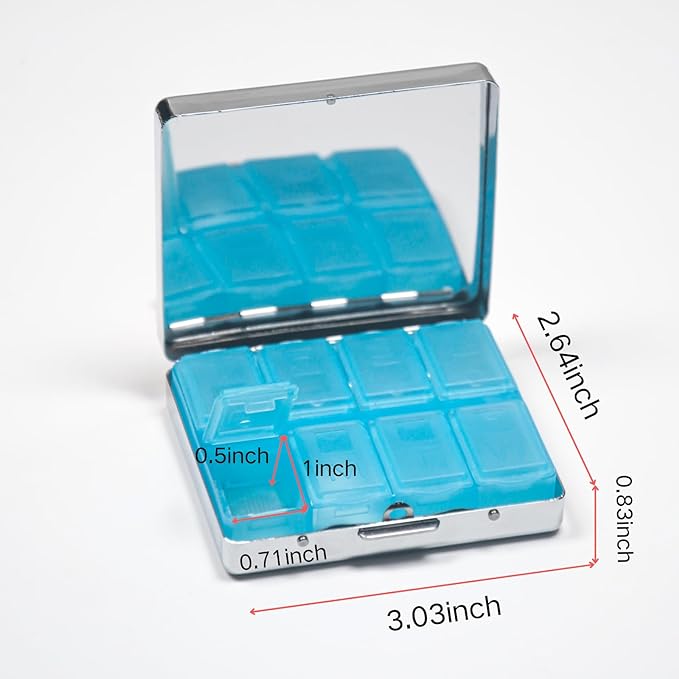 Silver Vintage Pill Box 7 Day Metal Pill Box with Mirror and 8 Compartments Cute Travel Pill Organizer for Purse (Art Almond Blossoms)