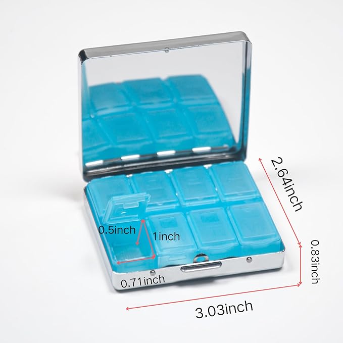 Silver Vintage Pill Box 7 Day Metal Pill Box with Mirror and 8 Compartments Cute Travel Pill Organizer for Purse (Black Gold Abstract Marble)